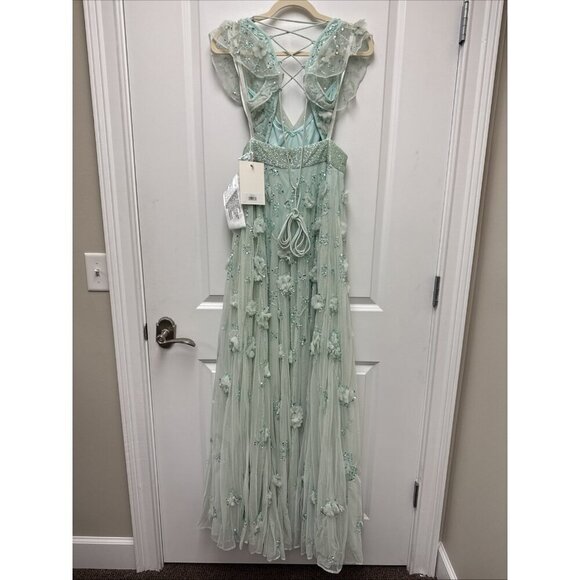 Mac Duggal Size 6 Mint Green 70275 Lace Up Back Floral Appliqué Beads Gown Dress - Picture 8 of 11